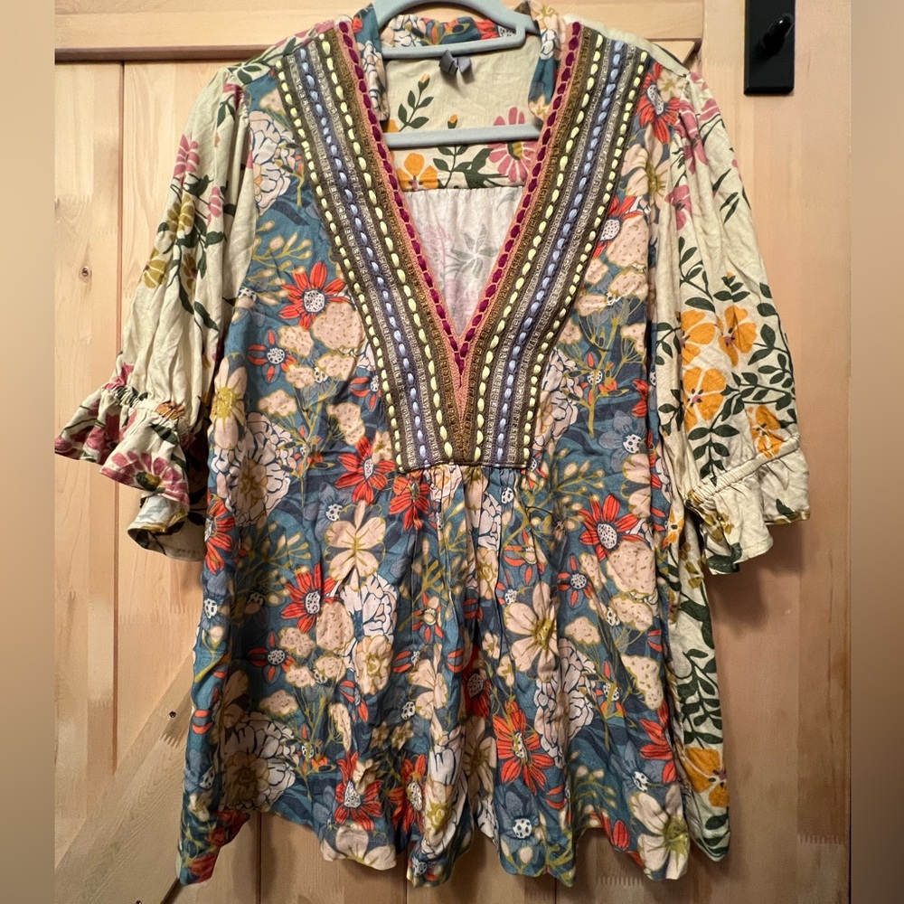 Anthropologie BL^NK London Stephanie Top Blue Pattern